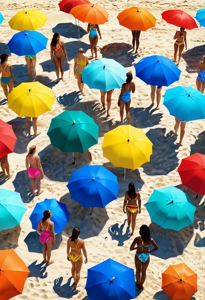 A sunny beach scene showcasing a diverse group of people trying on various colorful swimwear. Include a stylish beach umbrella, soft sand, and azure waves in the background. Display swimwear in different styles and sizes to emphasize individuality and comfort. Bright, warm colors to evoke a cheerful atmosphere. super-realistic. vibrant colors. 3D.